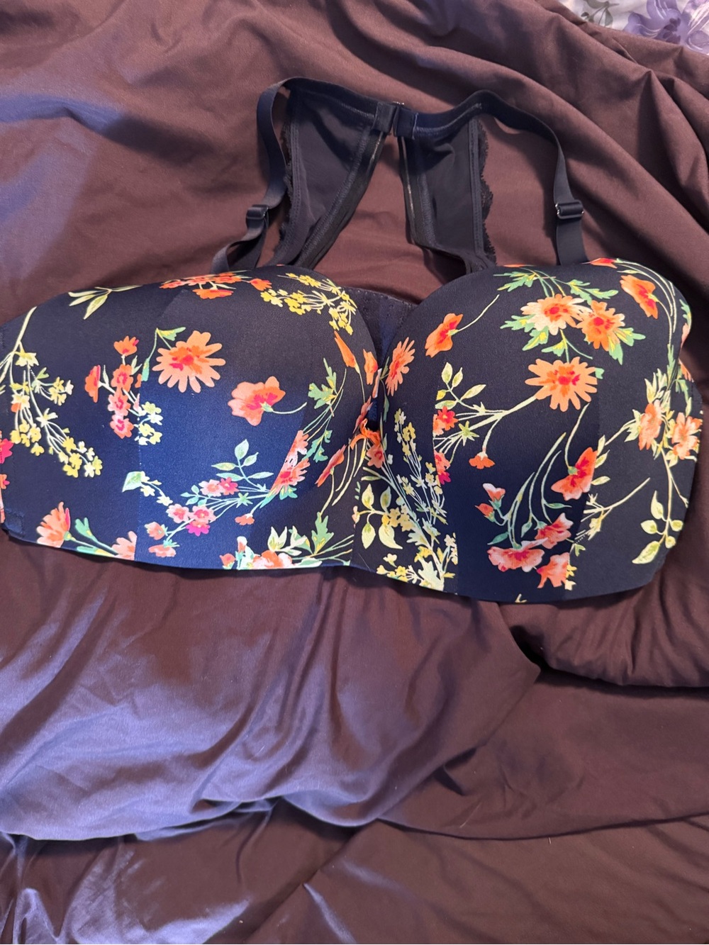 Cacique Black Floral Push-Up Bra with Orange & Yellow Blooms